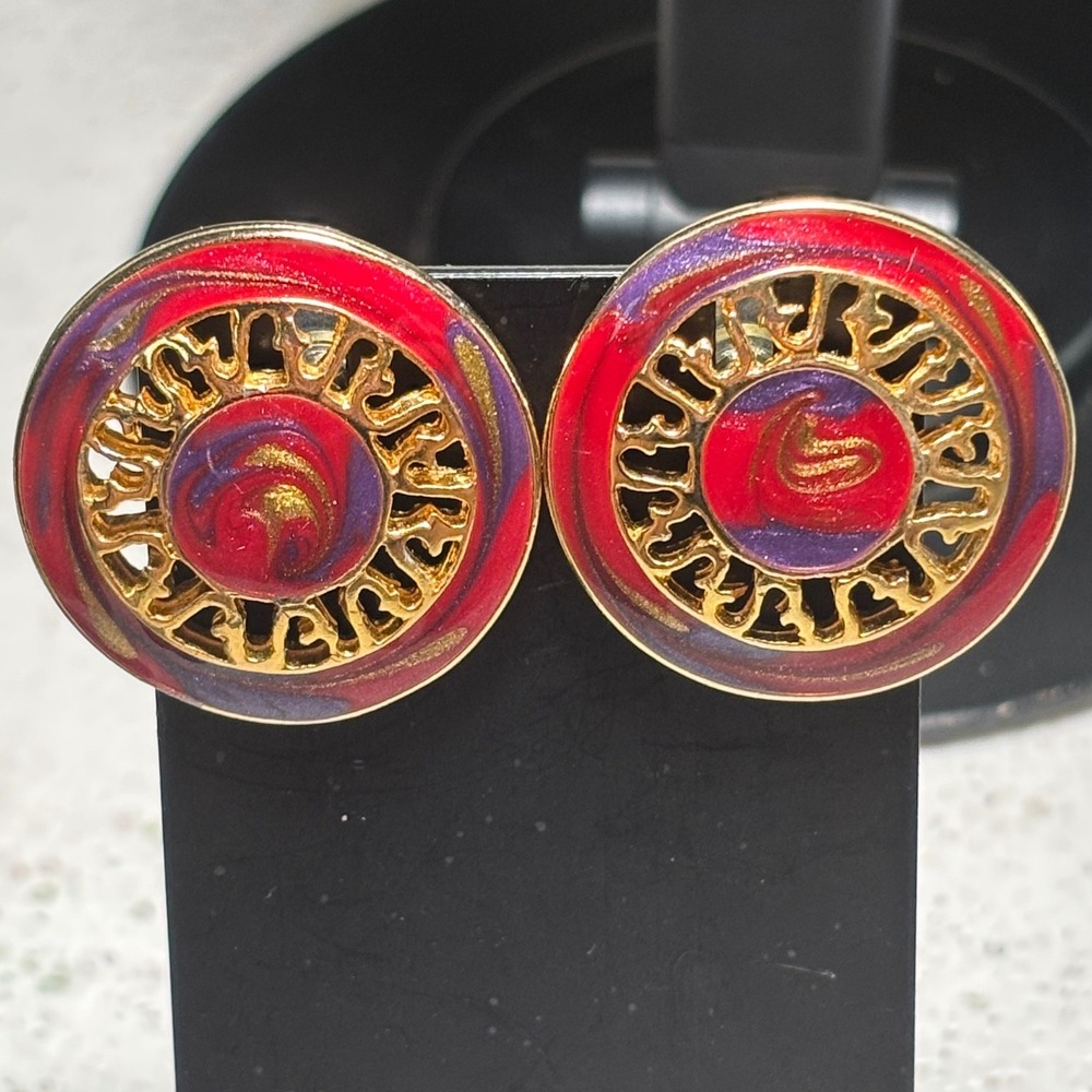 VTG 1980's Givenchy Signed Spellout Enamel Statement Earrings Gold Red Purple